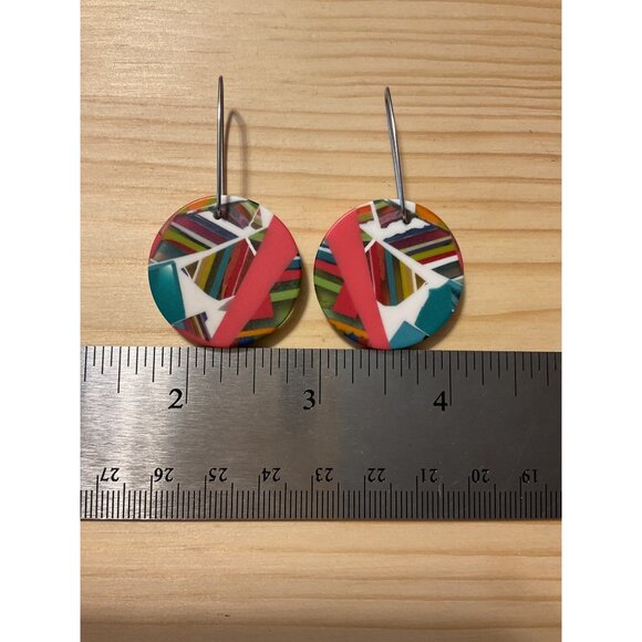 Colorful Geometric Acrylic Circle Earrings With Silver Hooks - Picture 2 of 4